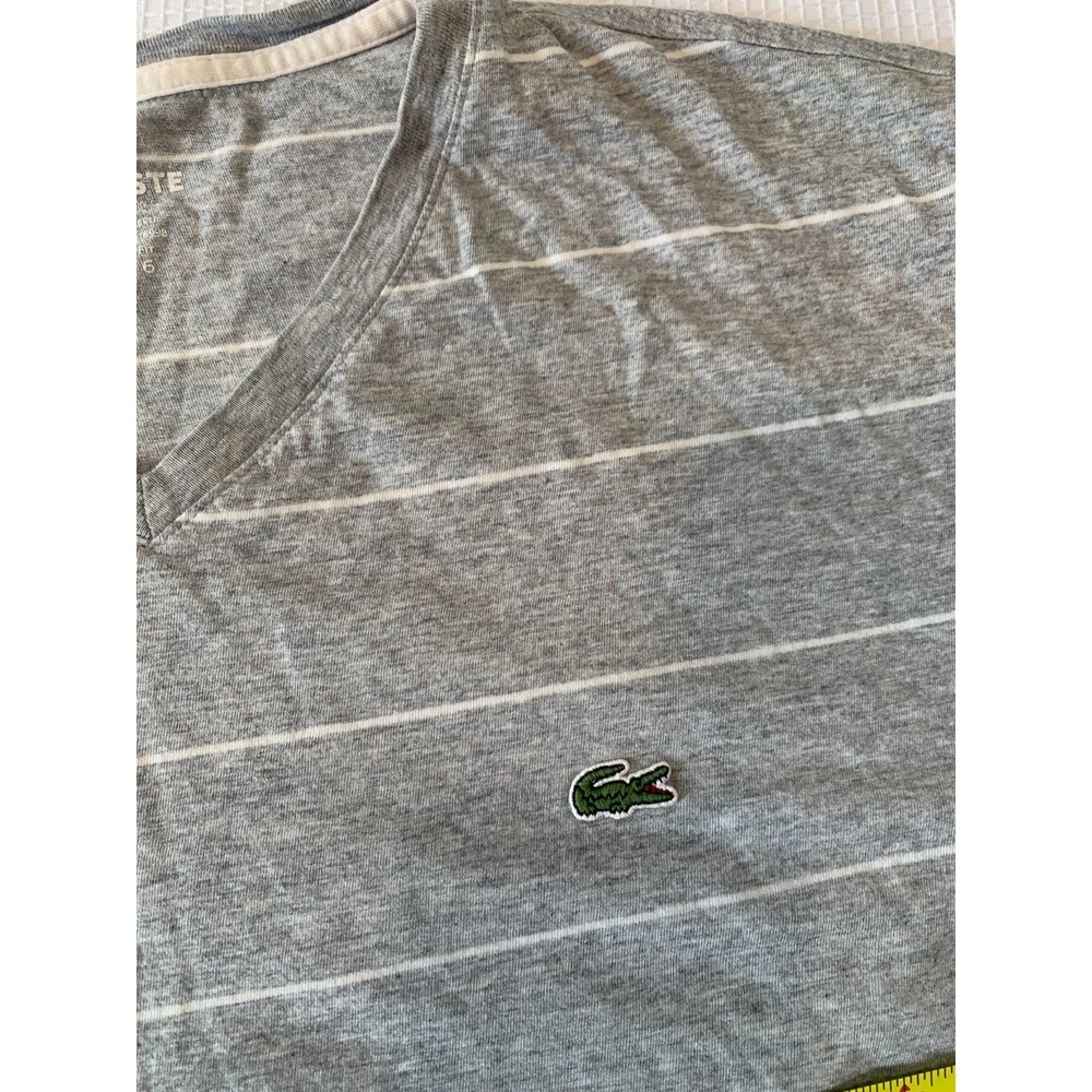 (F-183)Lacoste Men's V-Neck T-Shirt Gray Striped Logo Cotton Size 6 Regular Fit - Picture 7 of 7